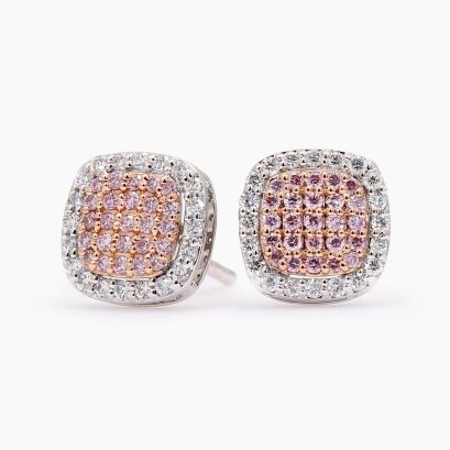 Cecilia white and Argyle pink diamond square cluster halo stud earrings