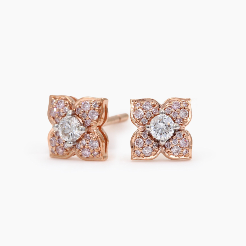 Floret white and Argyle pink diamond flower stud earrings